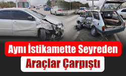 Aynı yönde ilerleyen iki otomobil köprü girişinde çarpıştı