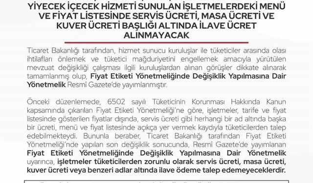 Bartın'da restoran ve kafelere ilave ücret uyarısı