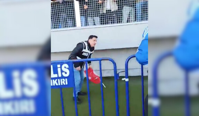 Olaylı maçta yere düşen bayrağa polis sahip çıktı