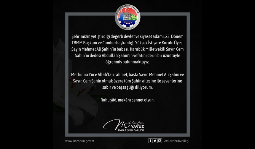 Karabük Valisi Yavuz’dan başsağlığı mesajı
