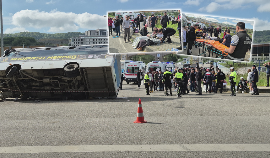 Halk Otobüsü Otomobilin Üzerine Devrildi: 44 Yaralı Var